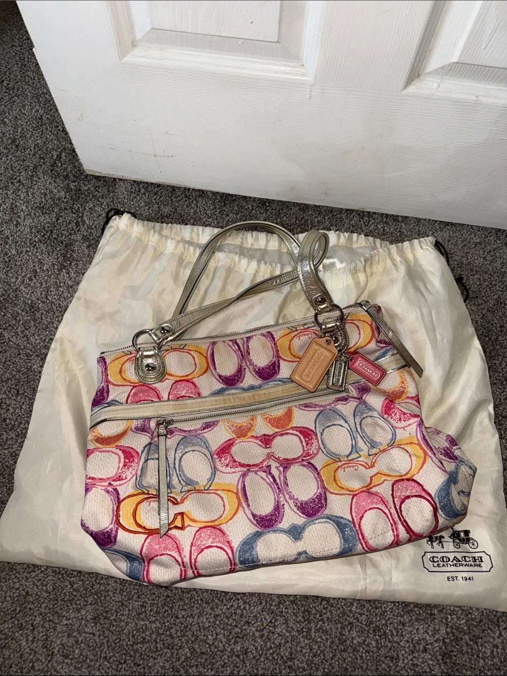 Vintage Coach Multicolor Signature C Shoulder Bag with Metallic Silver Trim